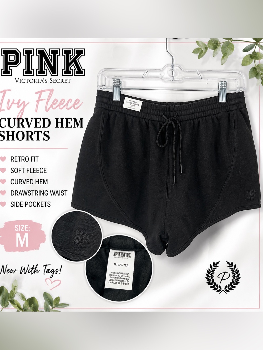 NWT PINK Victoria’s Secret Ivy Fleece Curved Hem Retro Shorts Black